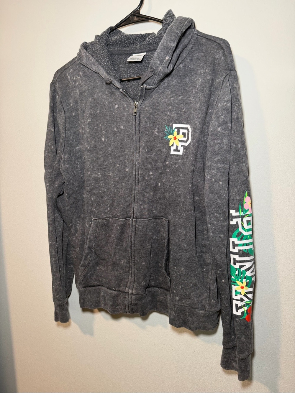 Victorias Secret PINK Gray Full Zip Hoodie Sweater Tropical Hawaiian Flowers - Picture 3 of 7
